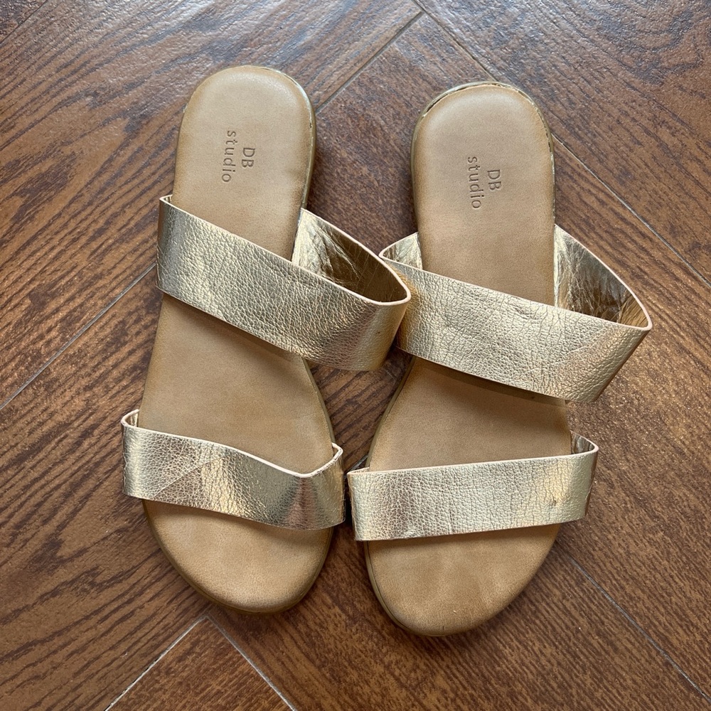 Gold Leather Double-Strap Slide Sandals